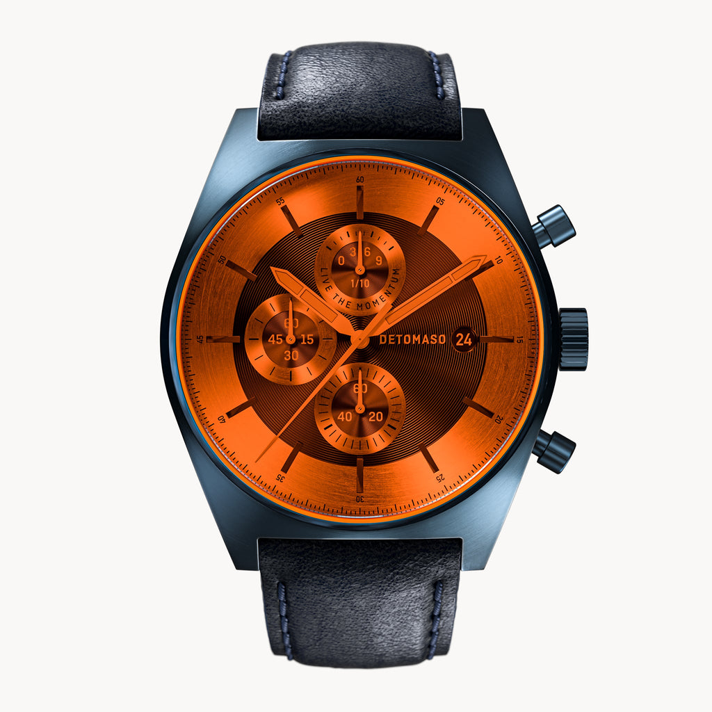 D10 CHRONOGRAPH COLORED GLASS LIMITED EDITION ORANGE - Leather Dark Blue Classic - Detomaso Watches