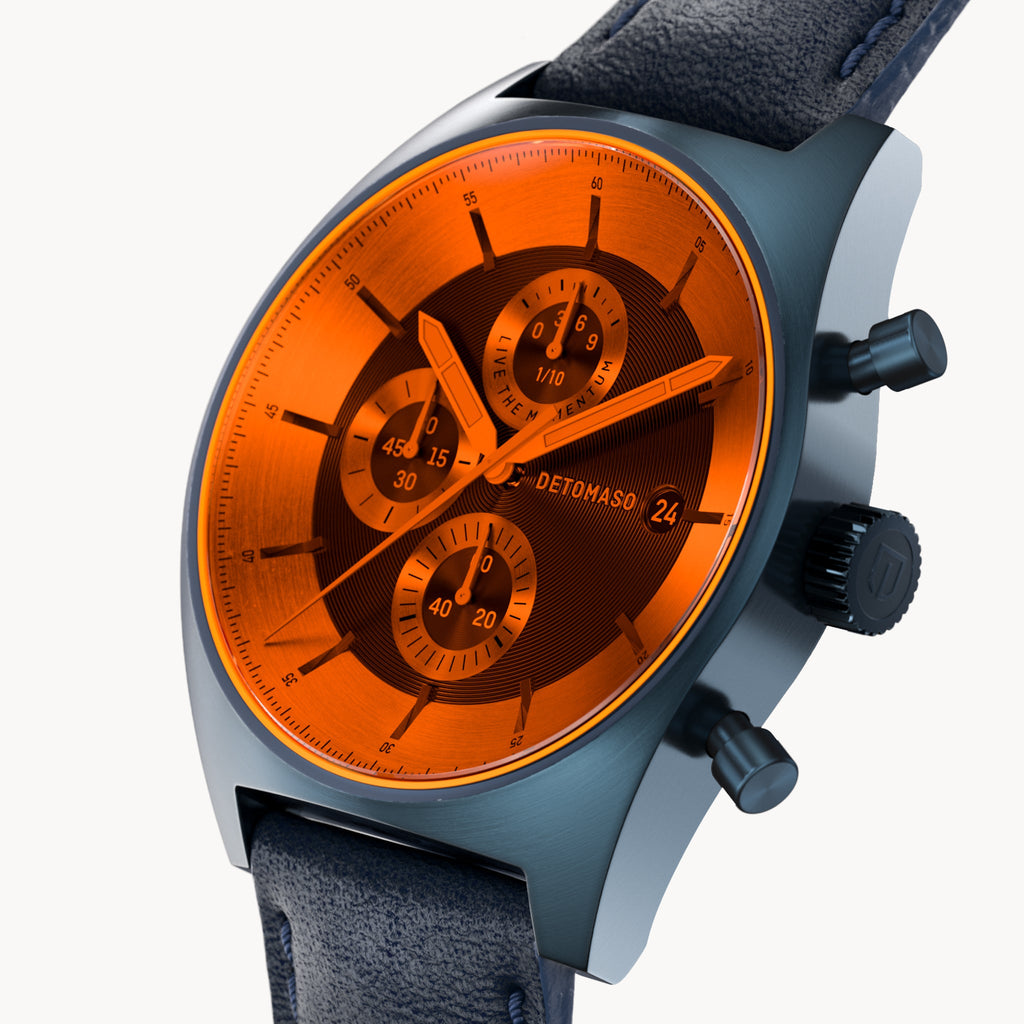 D10 CHRONOGRAPH COLORED GLASS LIMITED EDITION ORANGE - Leather Dark Blue Classic - Detomaso Watches