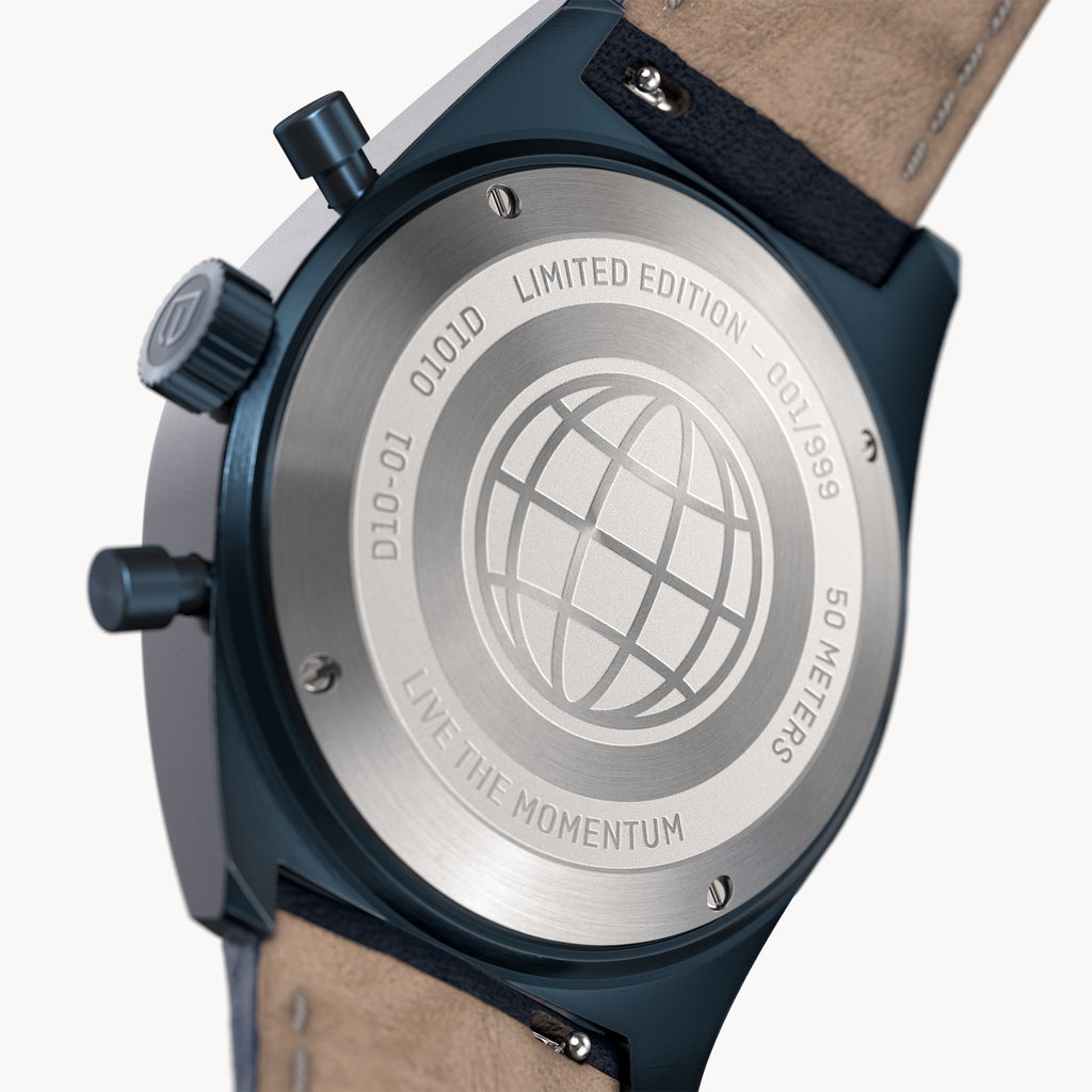 D10 CHRONOGRAPH COLORED GLASS LIMITED EDITION ORANGE - Leather Dark Blue Classic - Detomaso Watches