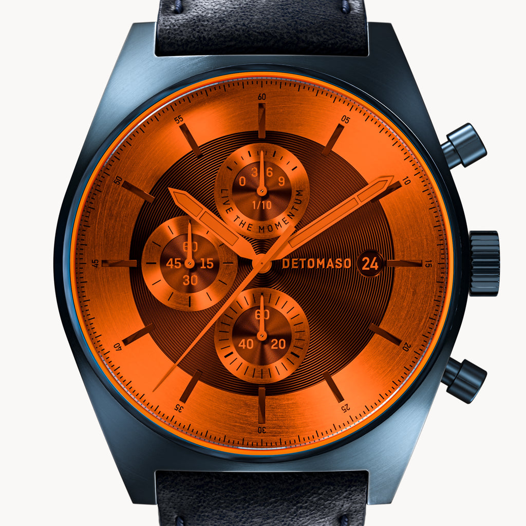 D10 CHRONOGRAPH COLORED GLASS LIMITED EDITION ORANGE - Leather Dark Blue Classic - Detomaso Watches