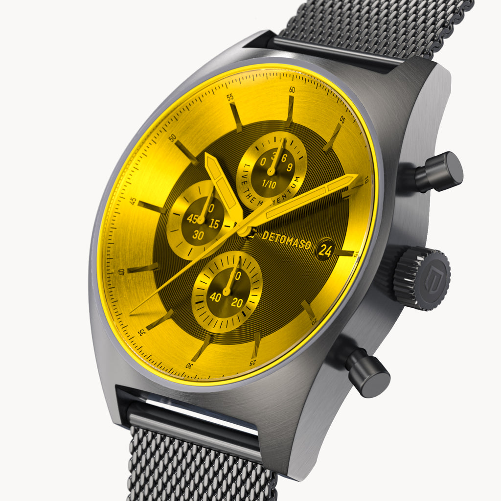 D10 CHRONOGRAPH COLORED GLASS LIMITED EDITION YELLOW - Mesh Gray Brushed - Detomaso Watches