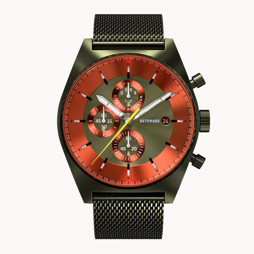 D10 CHRONOGRAPH OLIVE ORANGE - Mesh Olive Brushed - Detomaso Watches