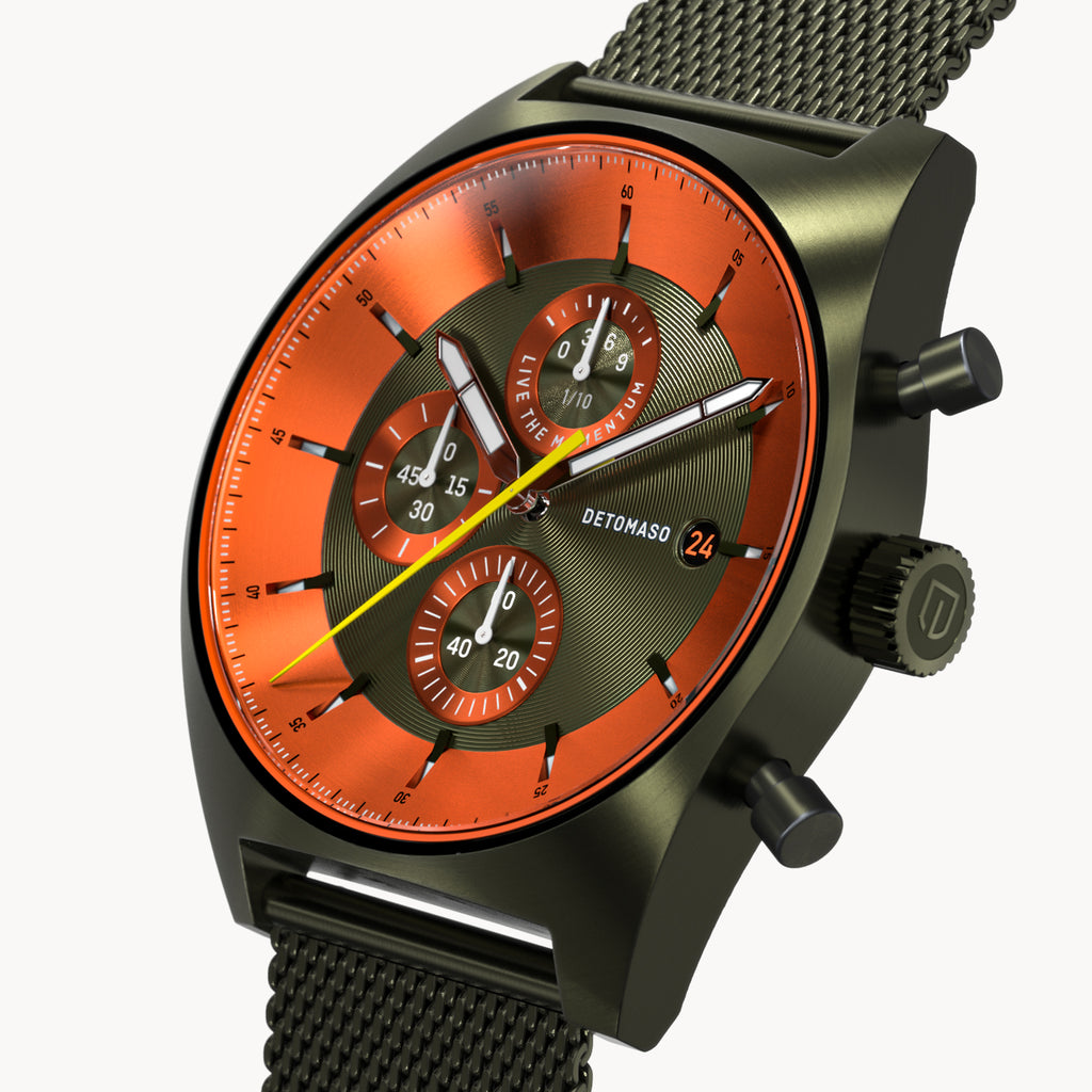 D10 CHRONOGRAPH OLIVE ORANGE - Mesh Olive Brushed - Detomaso Watches