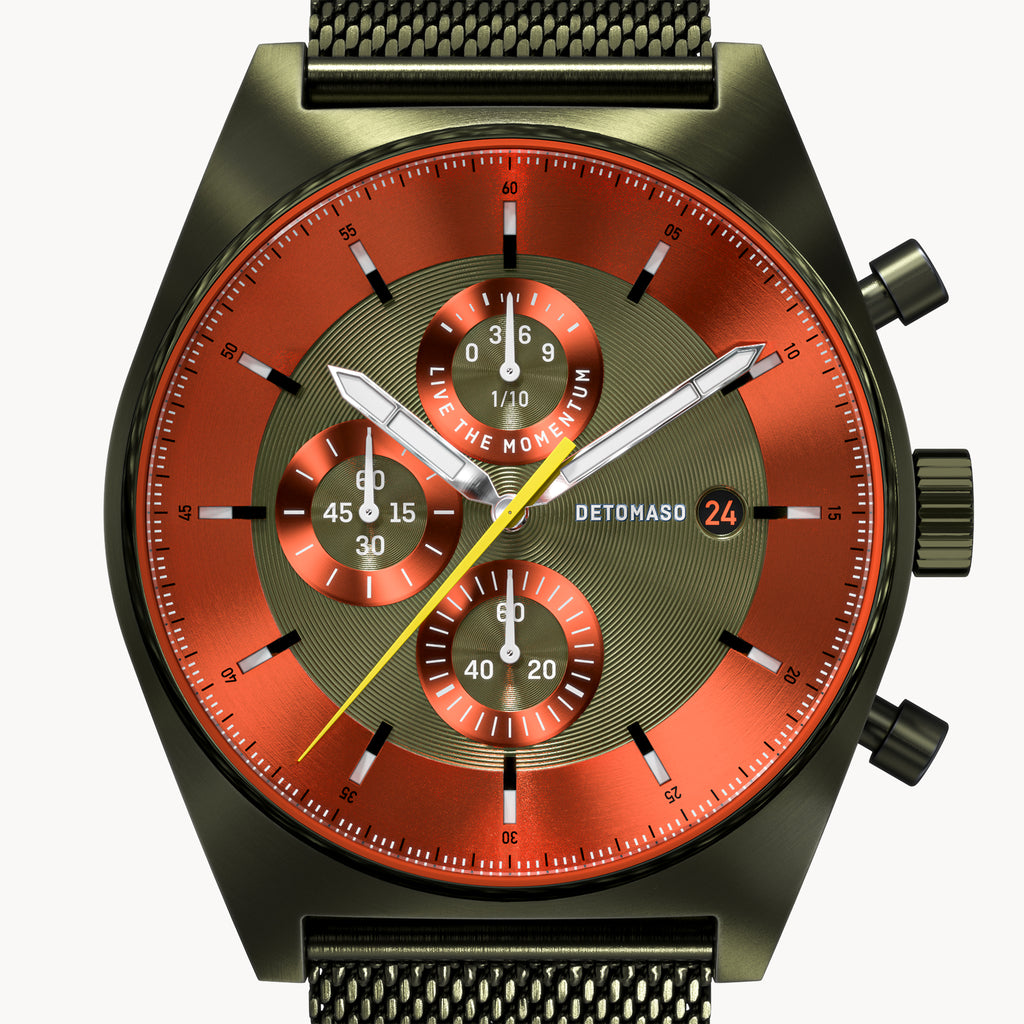 D10 CHRONOGRAPH OLIVE ORANGE - Mesh Olive Brushed - Detomaso Watches