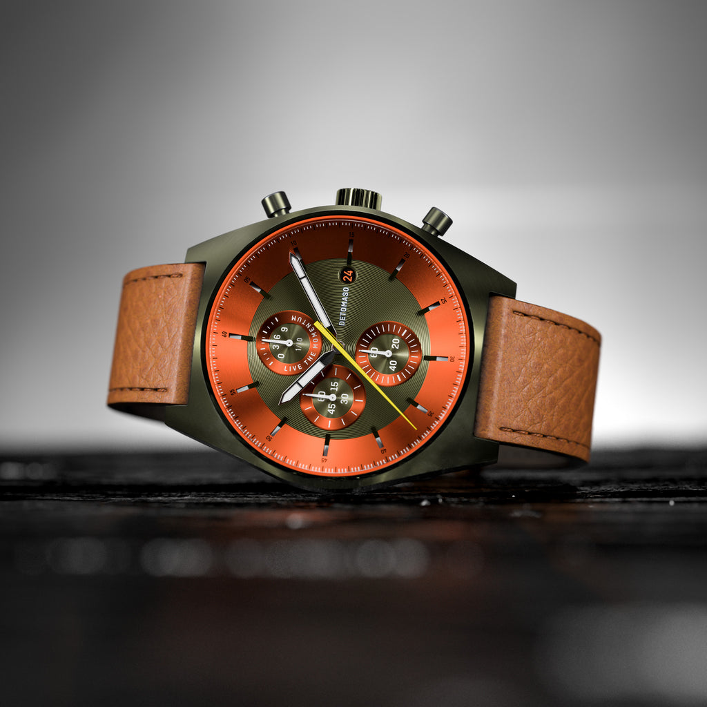 D10 CHRONOGRAPH OLIVE ORANGE - Leather Brown Venere - Detomaso Watches