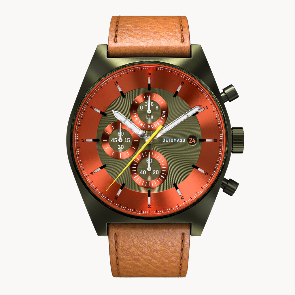 D10 CHRONOGRAPH OLIVE ORANGE - Leather Brown Venere - Detomaso Watches