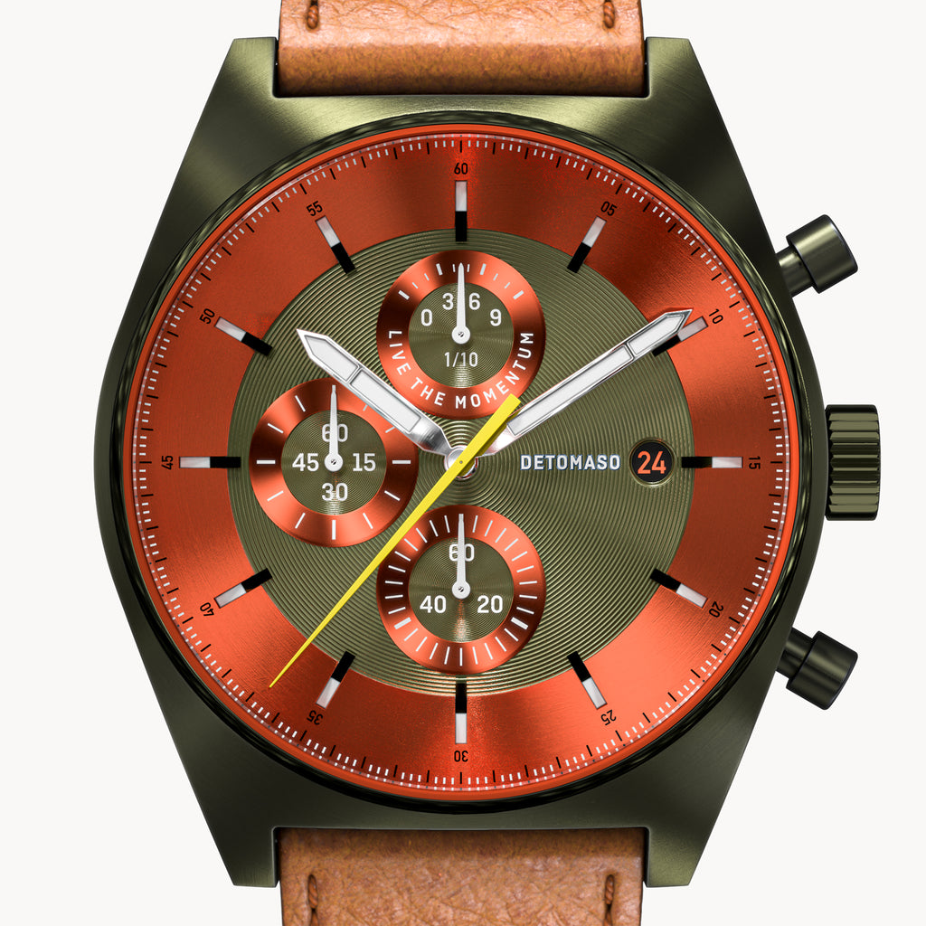 D10 CHRONOGRAPH OLIVE ORANGE - Leather Brown Venere - Detomaso Watches