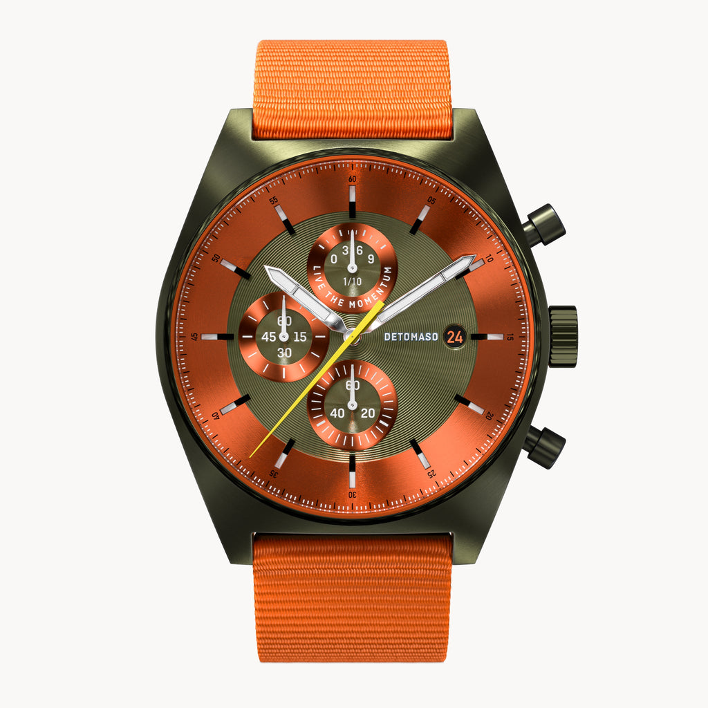 D10 CHRONOGRAPH OLIVE ORANGE - Ocean Plastic Orange Woven - Detomaso Watches