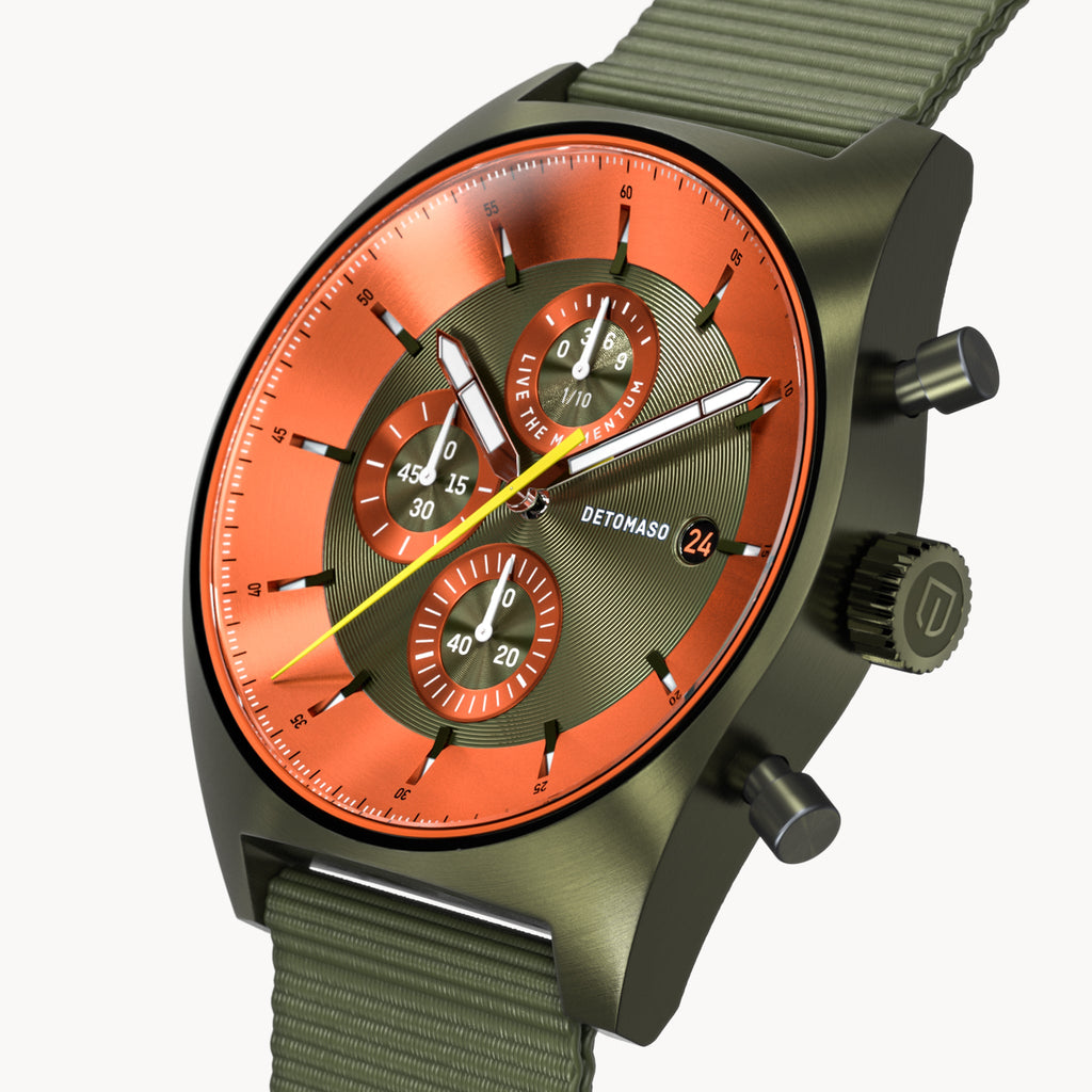 D10 CHRONOGRAPH OLIVE ORANGE - Ocean Plastic Olive Woven - Detomaso Watches