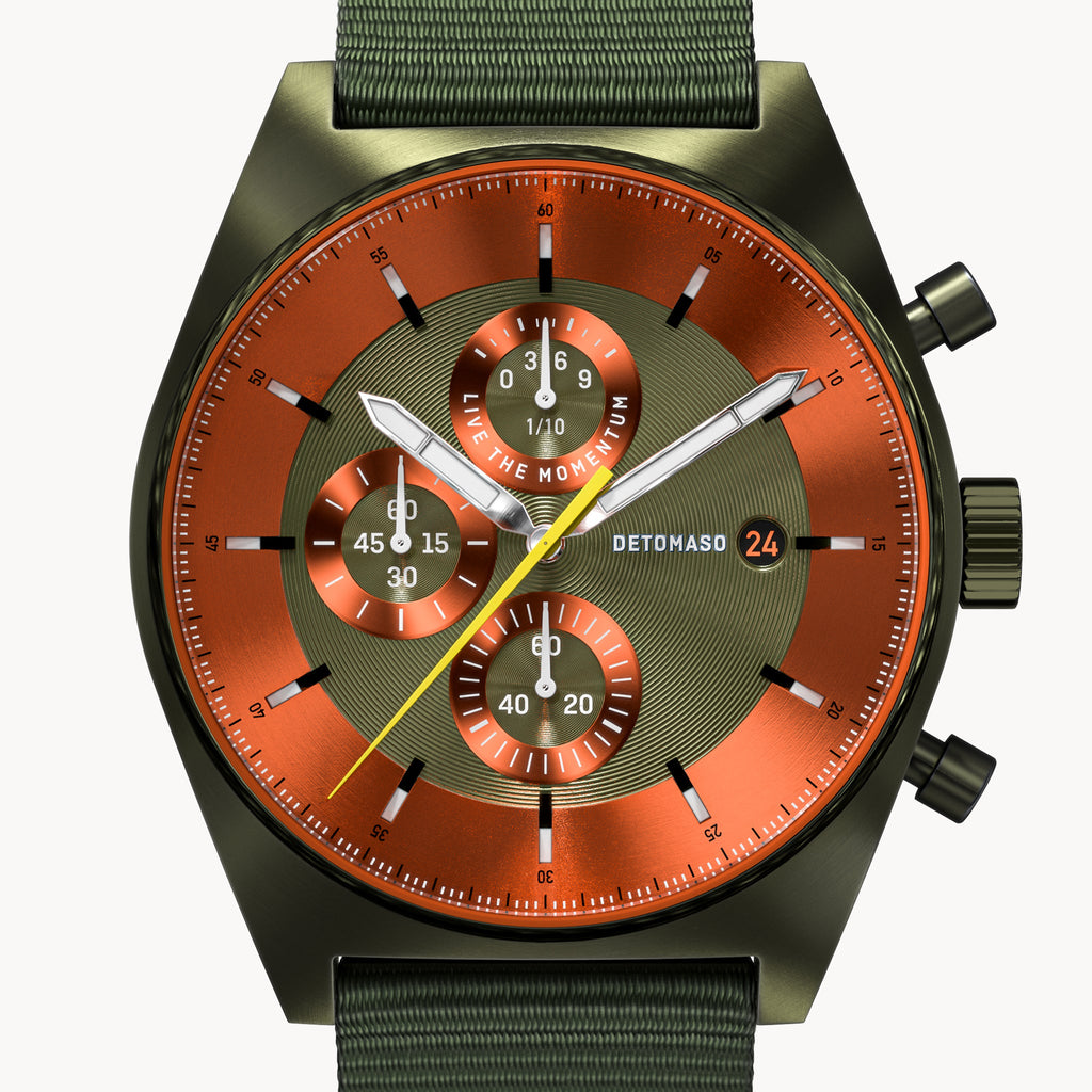 D10 CHRONOGRAPH OLIVE ORANGE - Ocean Plastic Olive Woven - Detomaso Watches