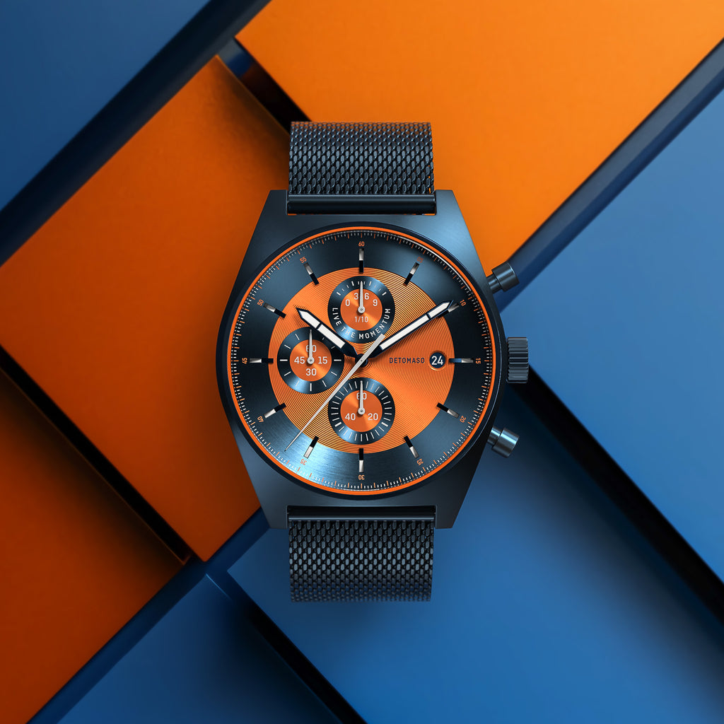D10 CHRONOGRAPH BLUE ORANGE - Mesh Dark blue Brushed - Detomaso Watches