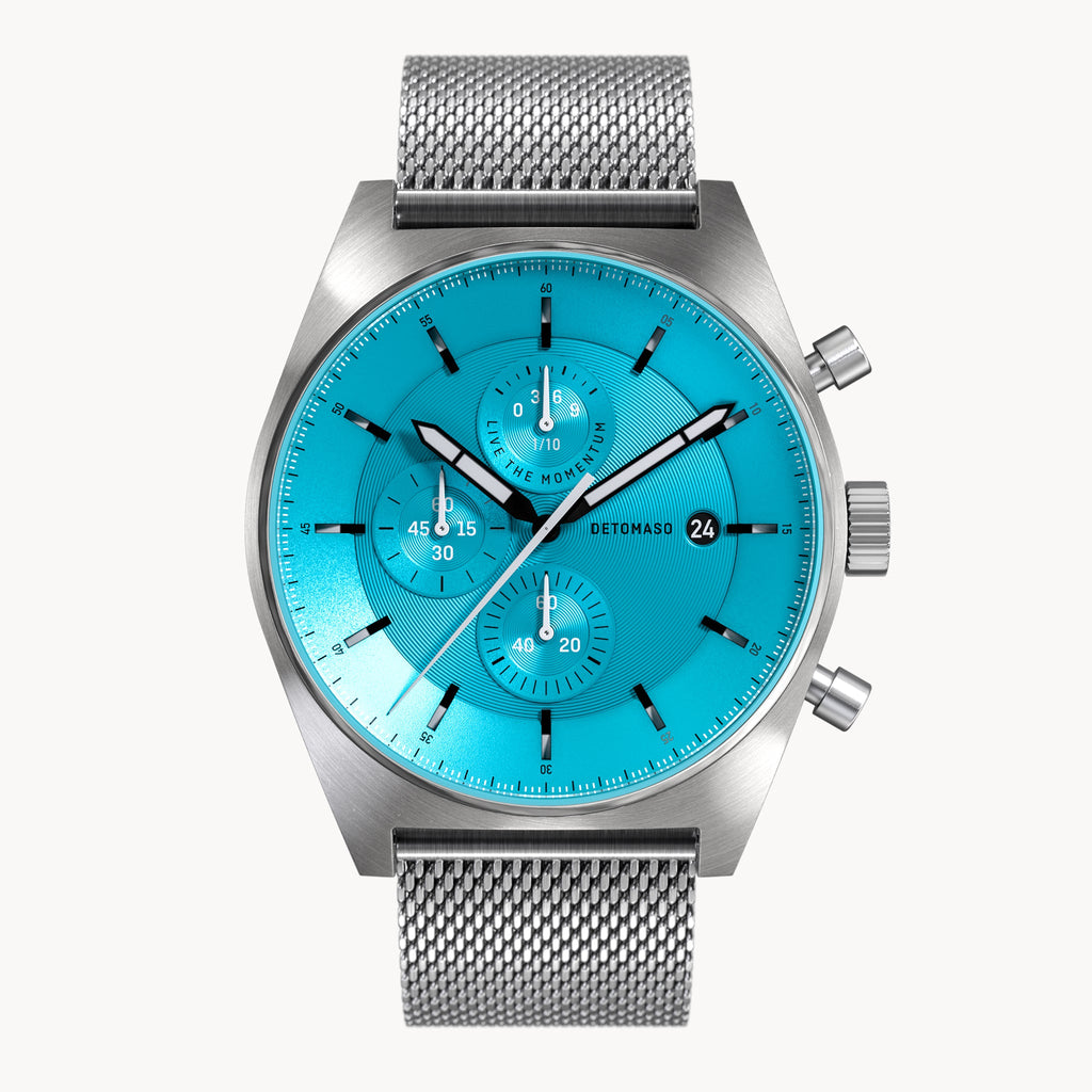 D10 CHRONO MINTY BLUE - Mesh Silver Brushed - Detomaso Watches