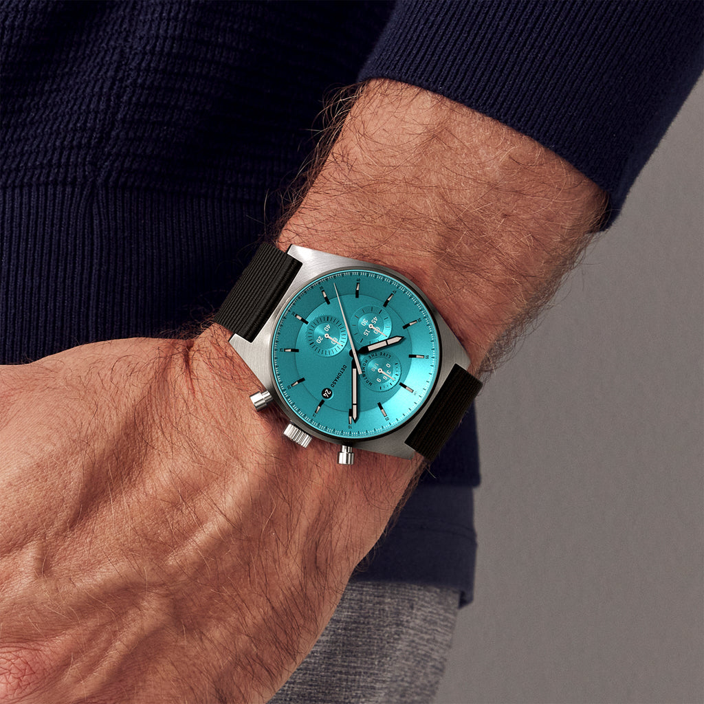 D10 CHRONO MINTY BLUE - Ocean Plastic Black Woven - Detomaso Watches