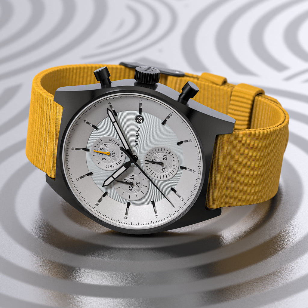 D10 CHRONO BLACK WHITE - Ocean Plastic Yellow Woven - Detomaso Watches