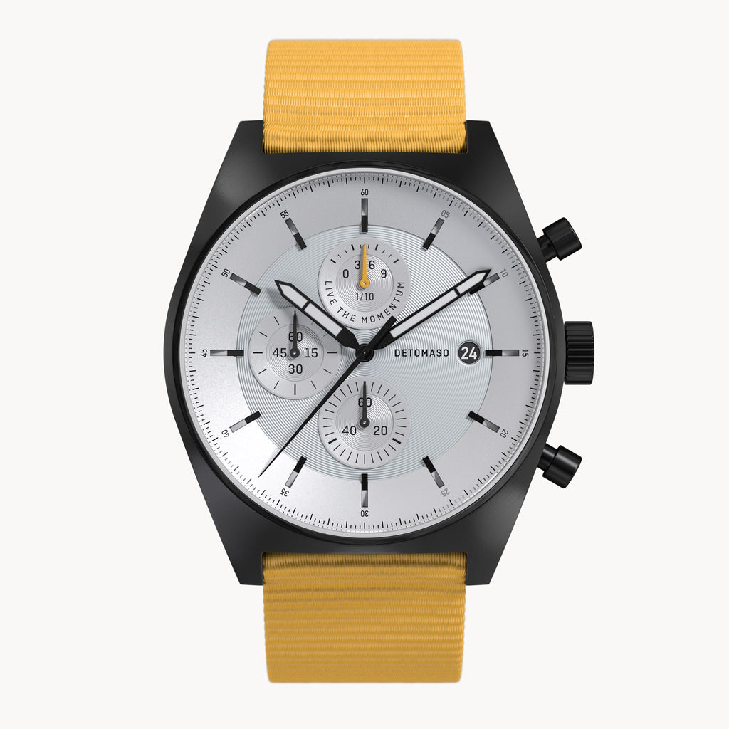D10 CHRONO BLACK WHITE - Ocean Plastic Yellow Woven - Detomaso Watches