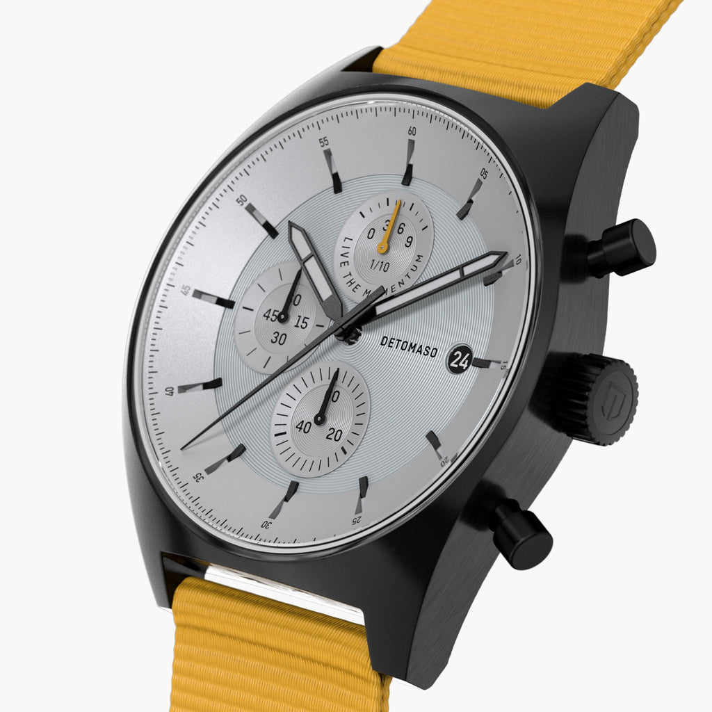 D10 CHRONO BLACK WHITE - Ocean Plastic Yellow Woven - Detomaso Watches