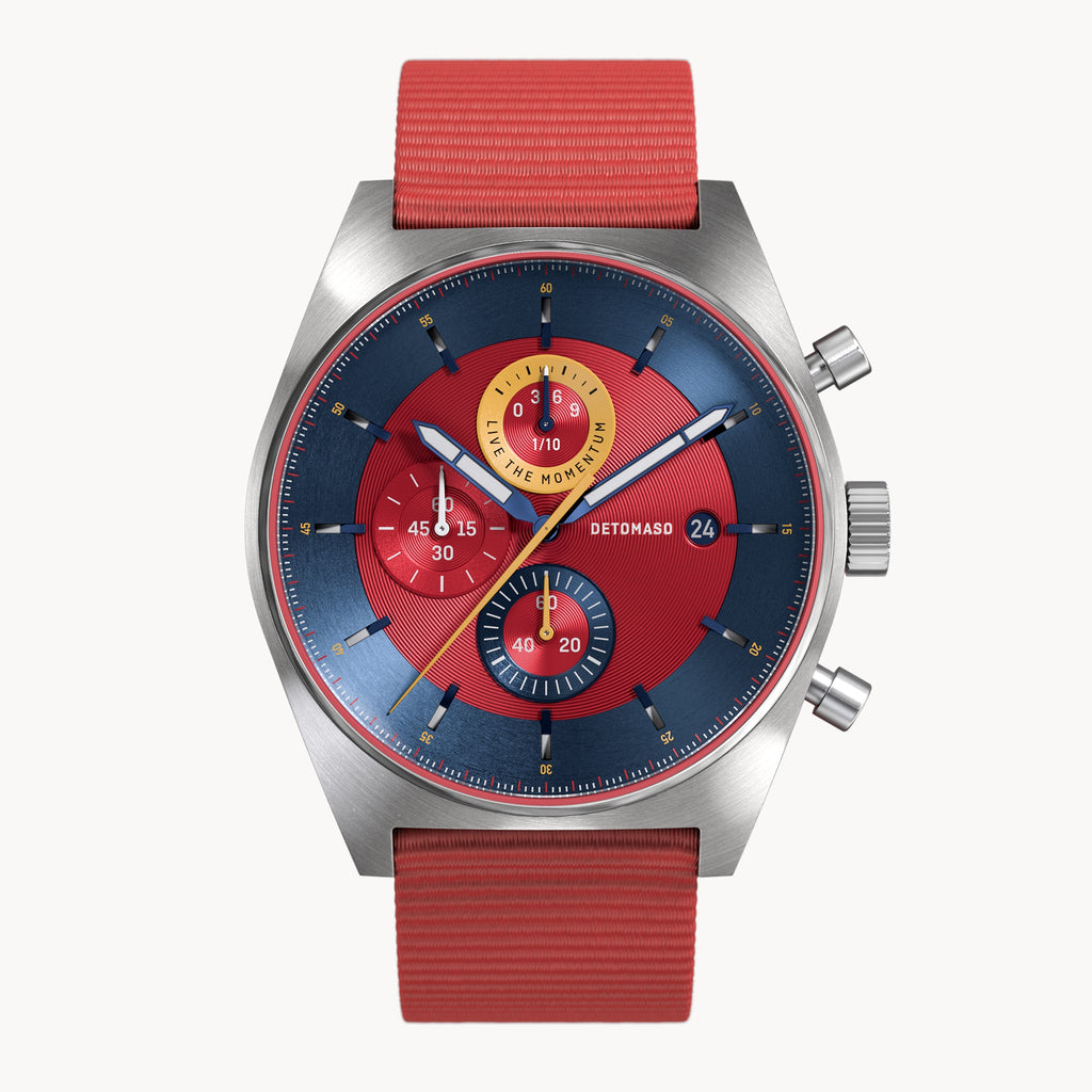 D10 CHRONO BLUE RED - Ocean Plastic Red Woven - Detomaso Watches
