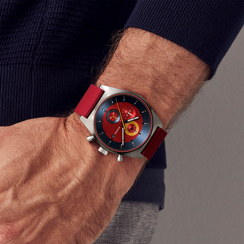 D10 CHRONO BLUE RED - Ocean Plastic Red Woven - Detomaso Watches