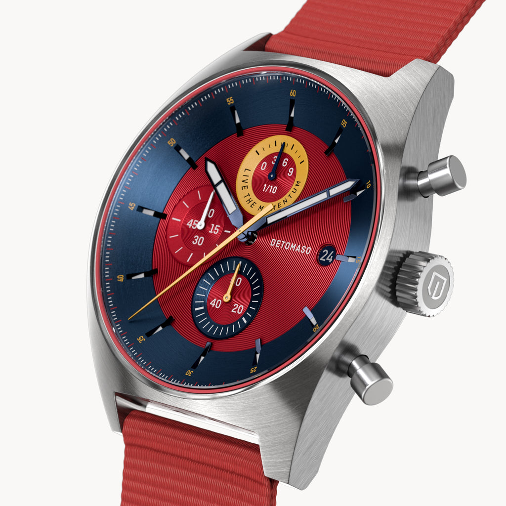 D10 CHRONO BLUE RED - Ocean Plastic Red Woven - Detomaso Watches