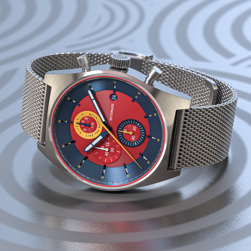 D10 CHRONO BLUE RED - Mesh Silver Brushed - Detomaso Watches