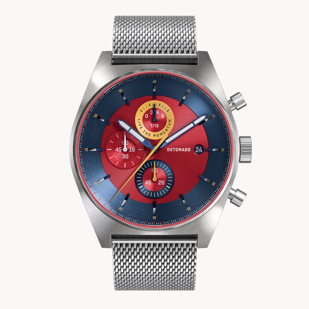 D10 CHRONO BLUE RED - Mesh Silver Brushed - Detomaso Watches