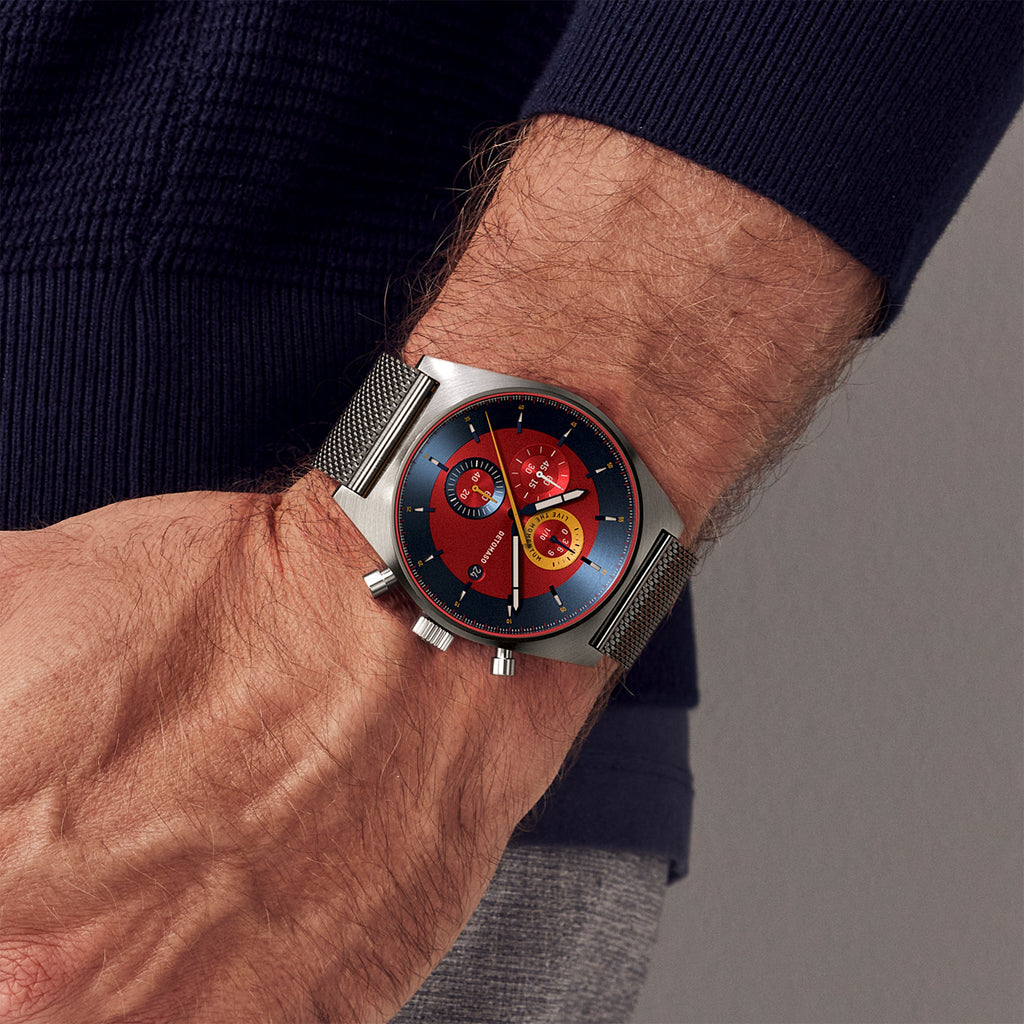 D10 CHRONO BLUE RED - Mesh Silver Brushed - Detomaso Watches