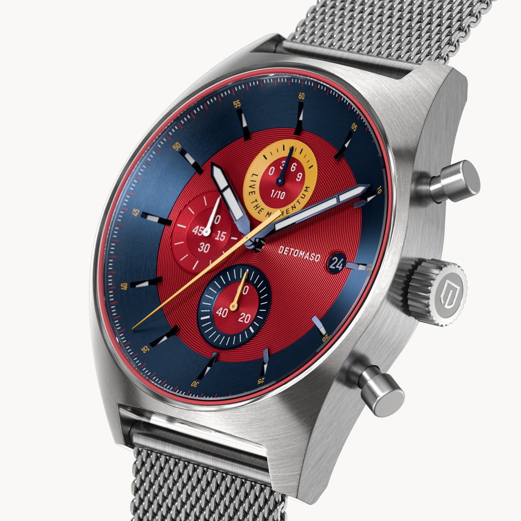 D10 CHRONO BLUE RED - Mesh Silver Brushed - Detomaso Watches
