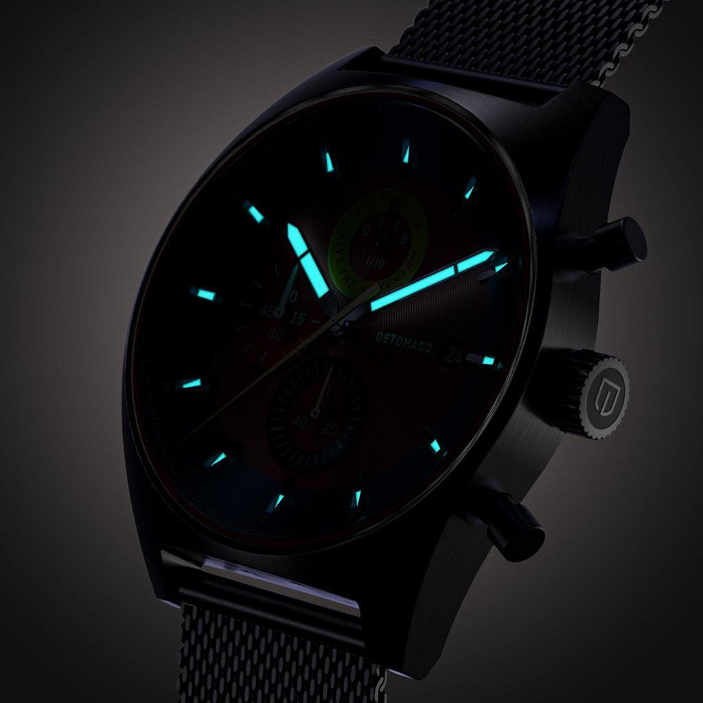 D10 CHRONO BLUE RED - Mesh Silver Brushed - Detomaso Watches