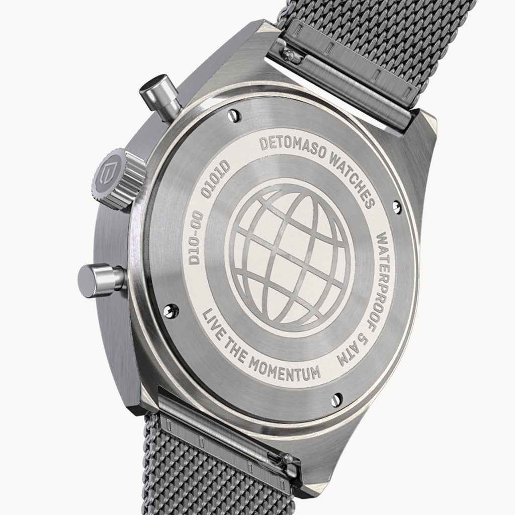 D10 CHRONO BLUE RED - Mesh Silver Brushed - Detomaso Watches