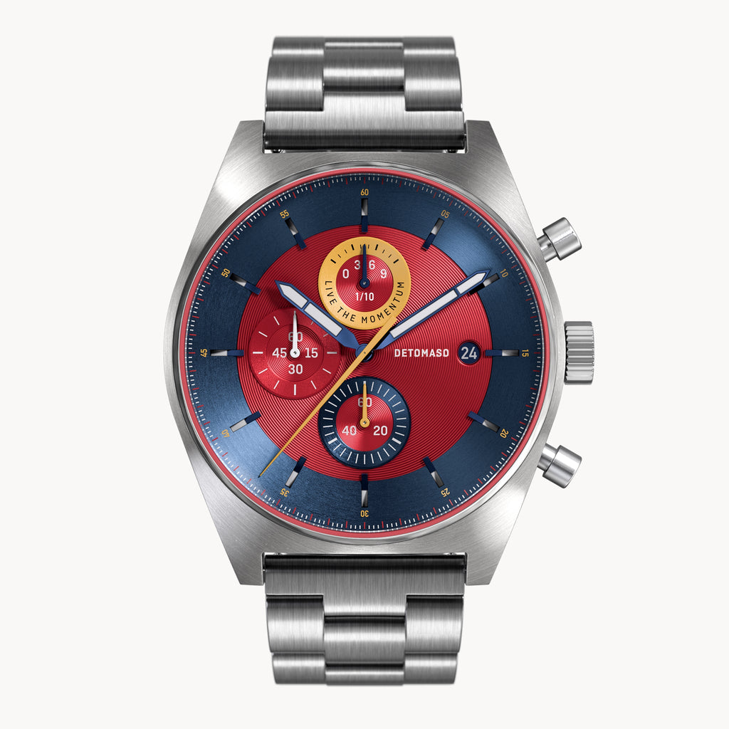 D10 CHRONO BLUE RED - Stainless steel Silver Brushed - Detomaso Watches