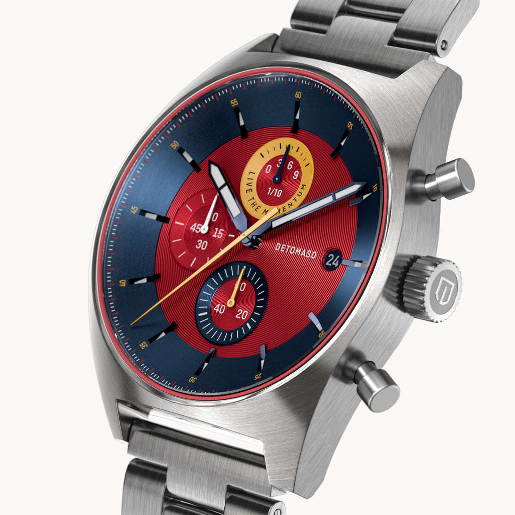 D10 CHRONO BLUE RED - Stainless steel Silver Brushed - Detomaso Watches