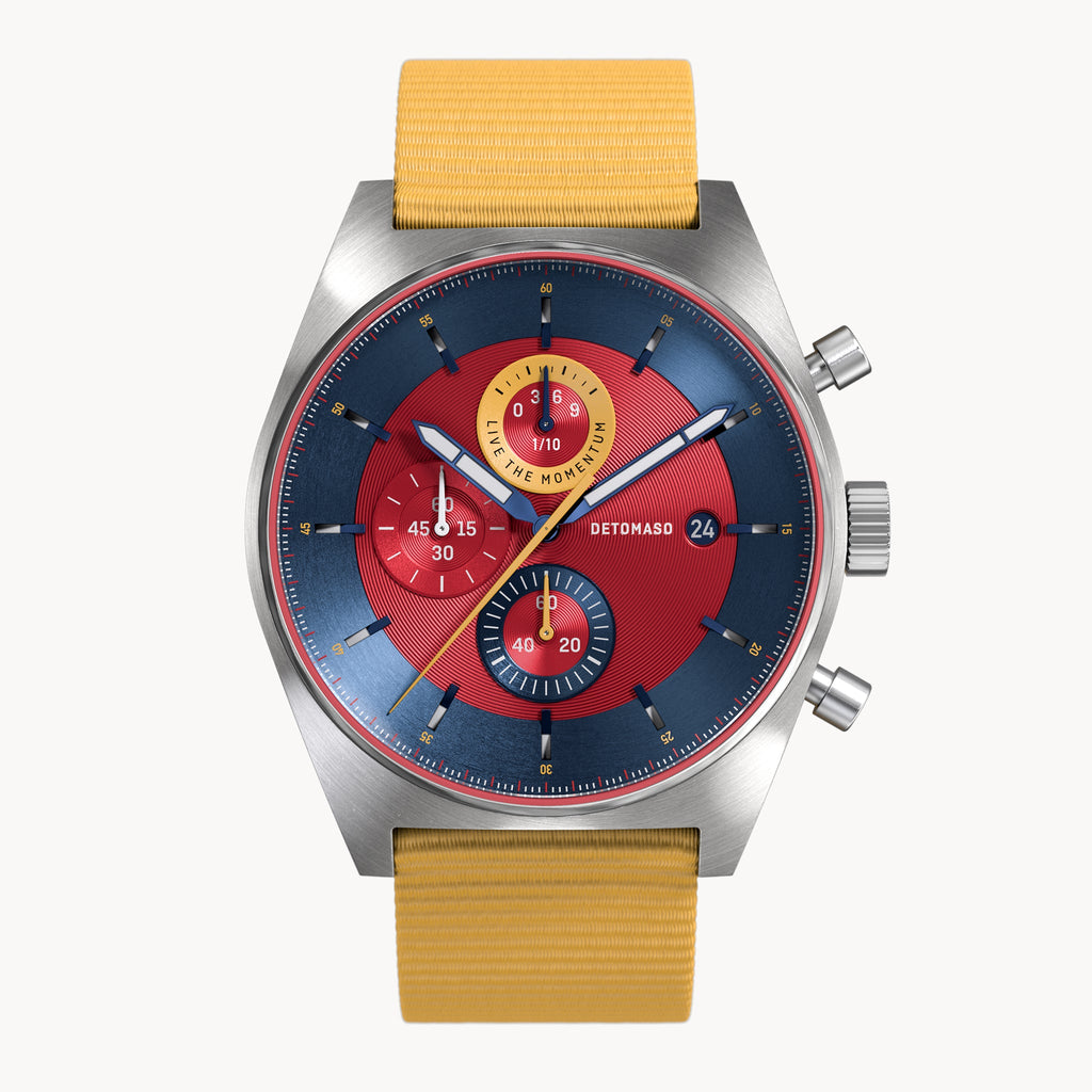 D10 CHRONO BLUE RED - Ocean Plastic Yellow Woven - Detomaso Watches