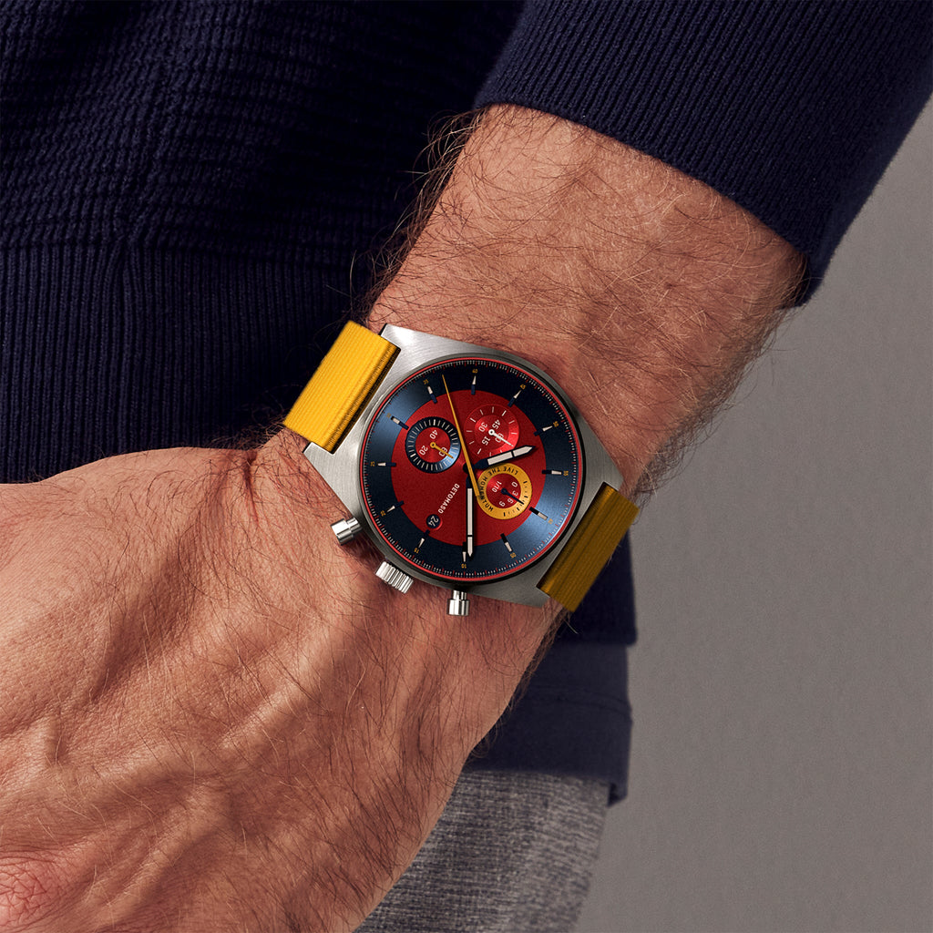 D10 CHRONO BLUE RED - Ocean Plastic Yellow Woven - Detomaso Watches