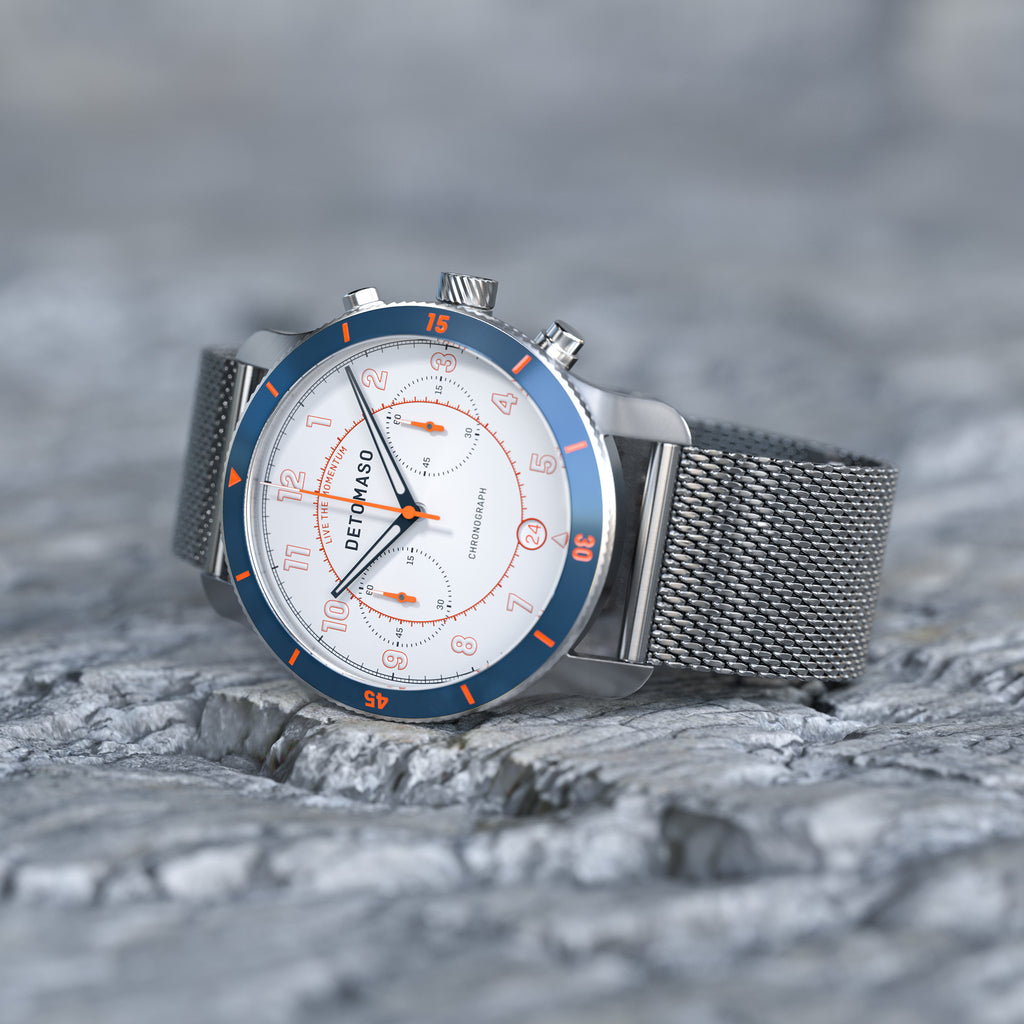 VENTURE CHRONOGRAPH LIMITED EDITION WHITE BLUE - Mesh Silver Brushed - Detomaso Watches