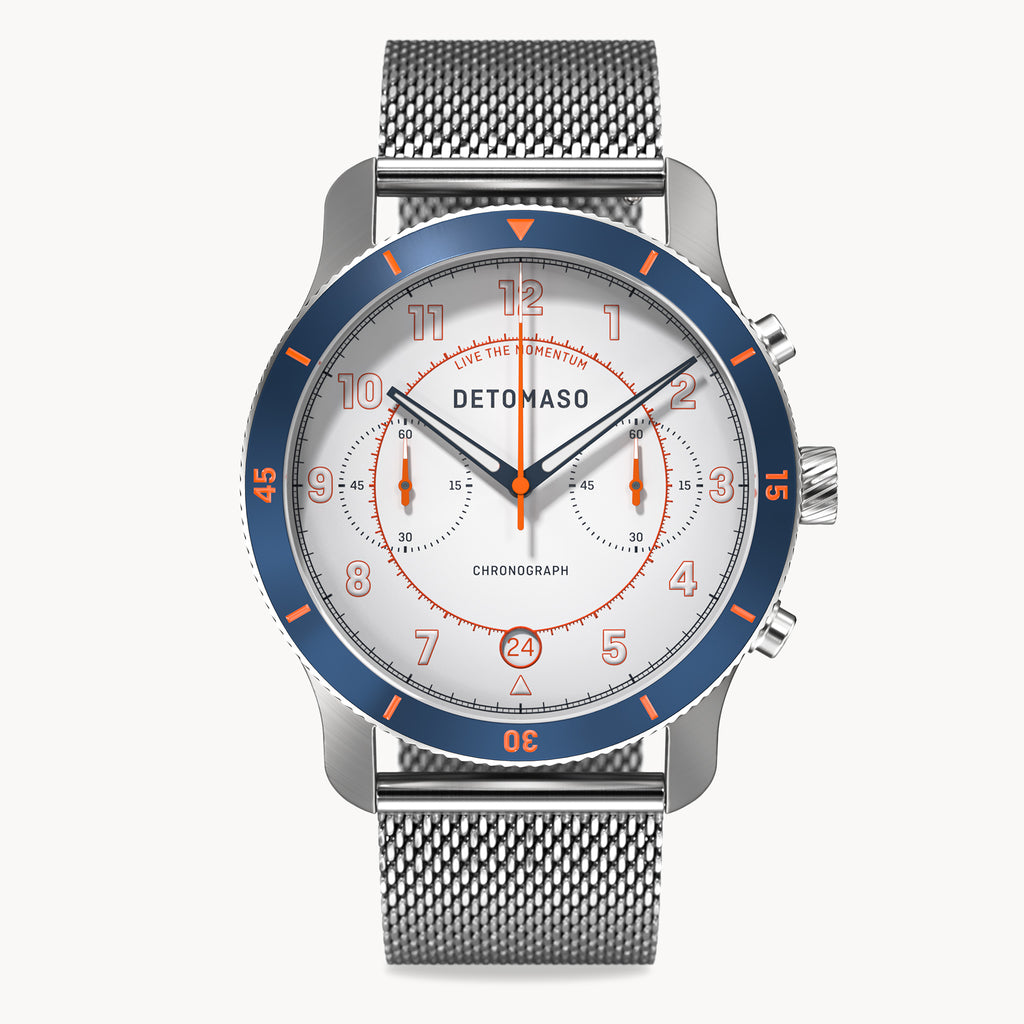 VENTURE CHRONOGRAPH LIMITED EDITION WHITE BLUE - Mesh Silver Brushed - Detomaso Watches