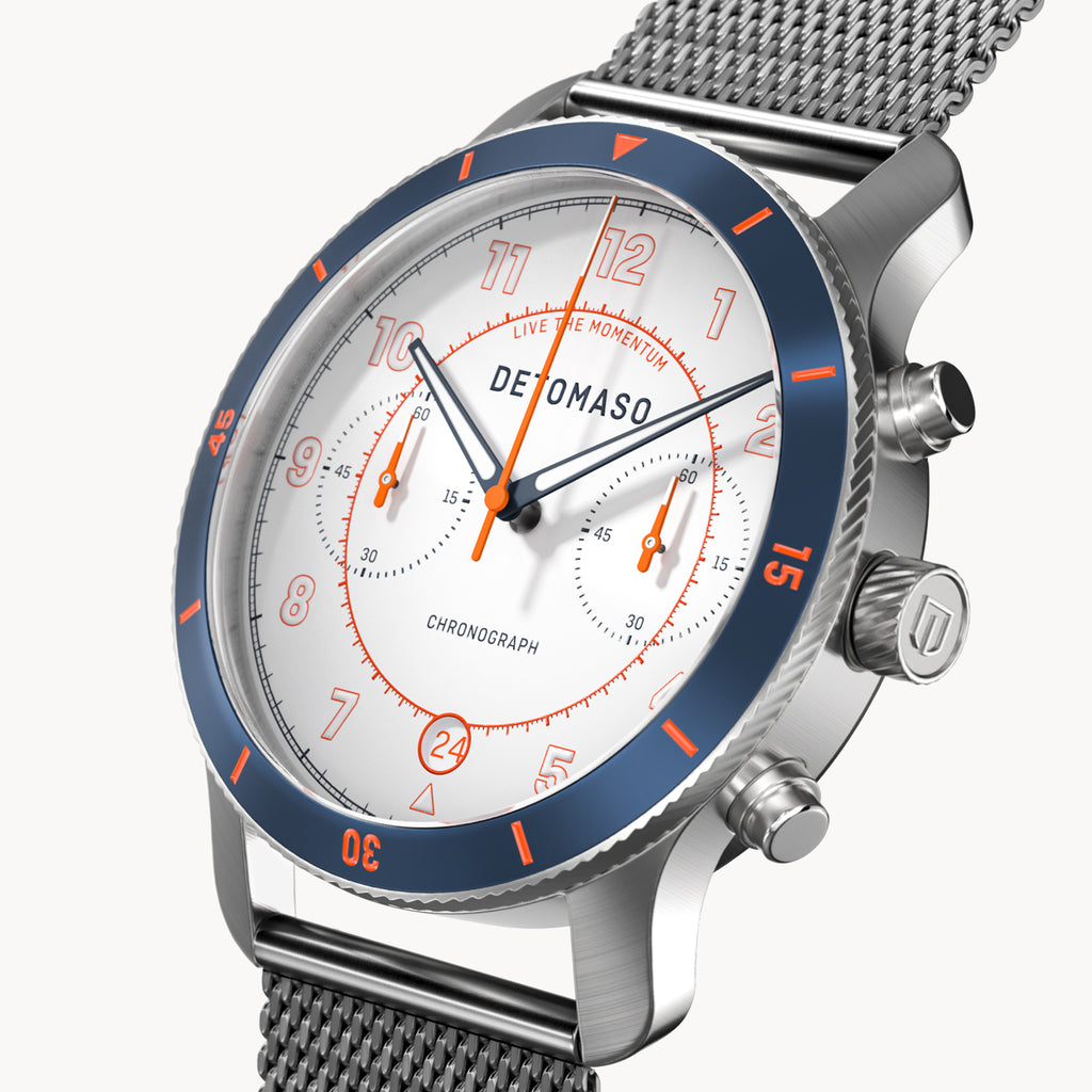 VENTURE CHRONOGRAPH LIMITED EDITION WHITE BLUE - Mesh Silver Brushed - Detomaso Watches
