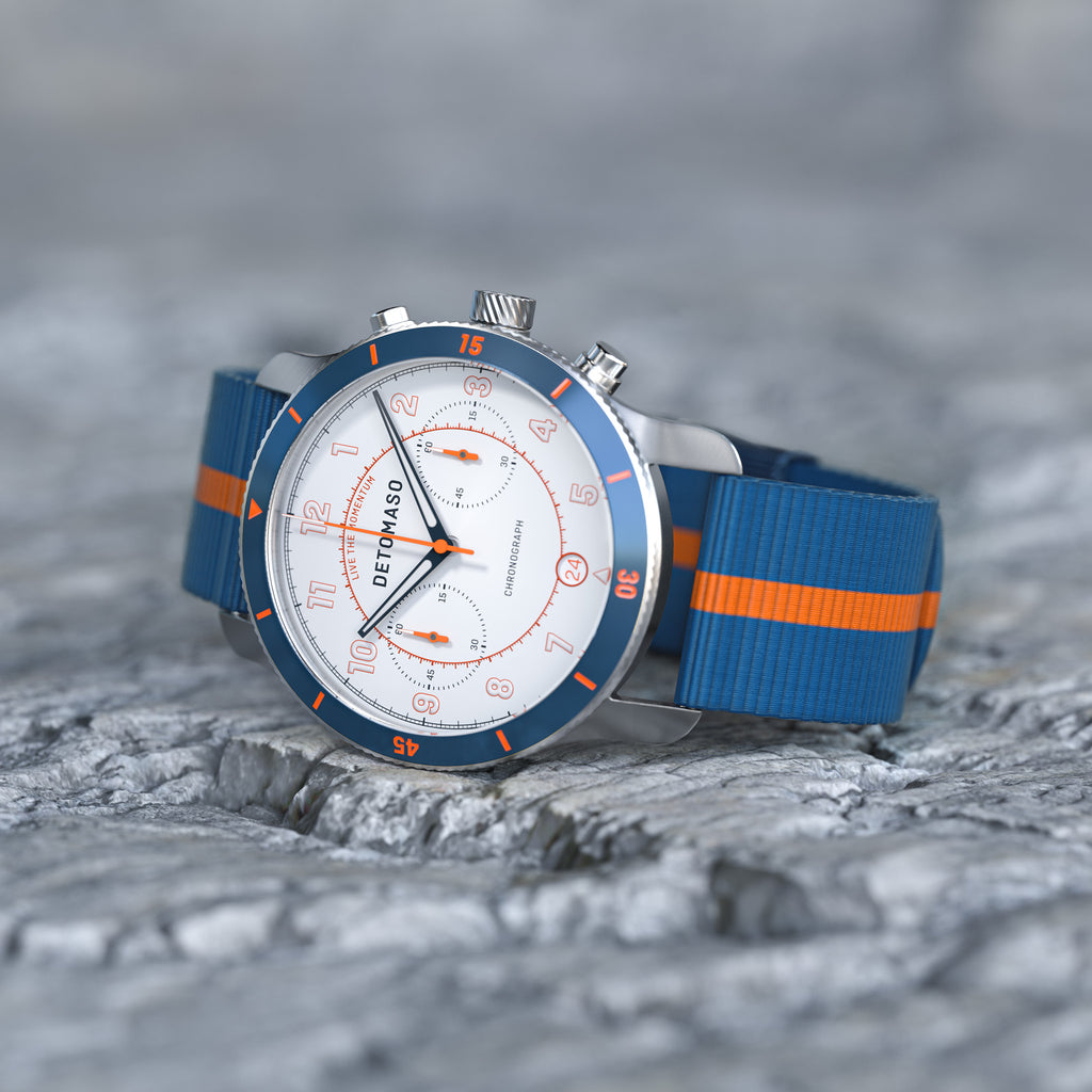 VENTURE CHRONOGRAPH LIMITED EDITION WHITE BLUE - Ocean Plastic Blue Orange Woven - Detomaso Watches