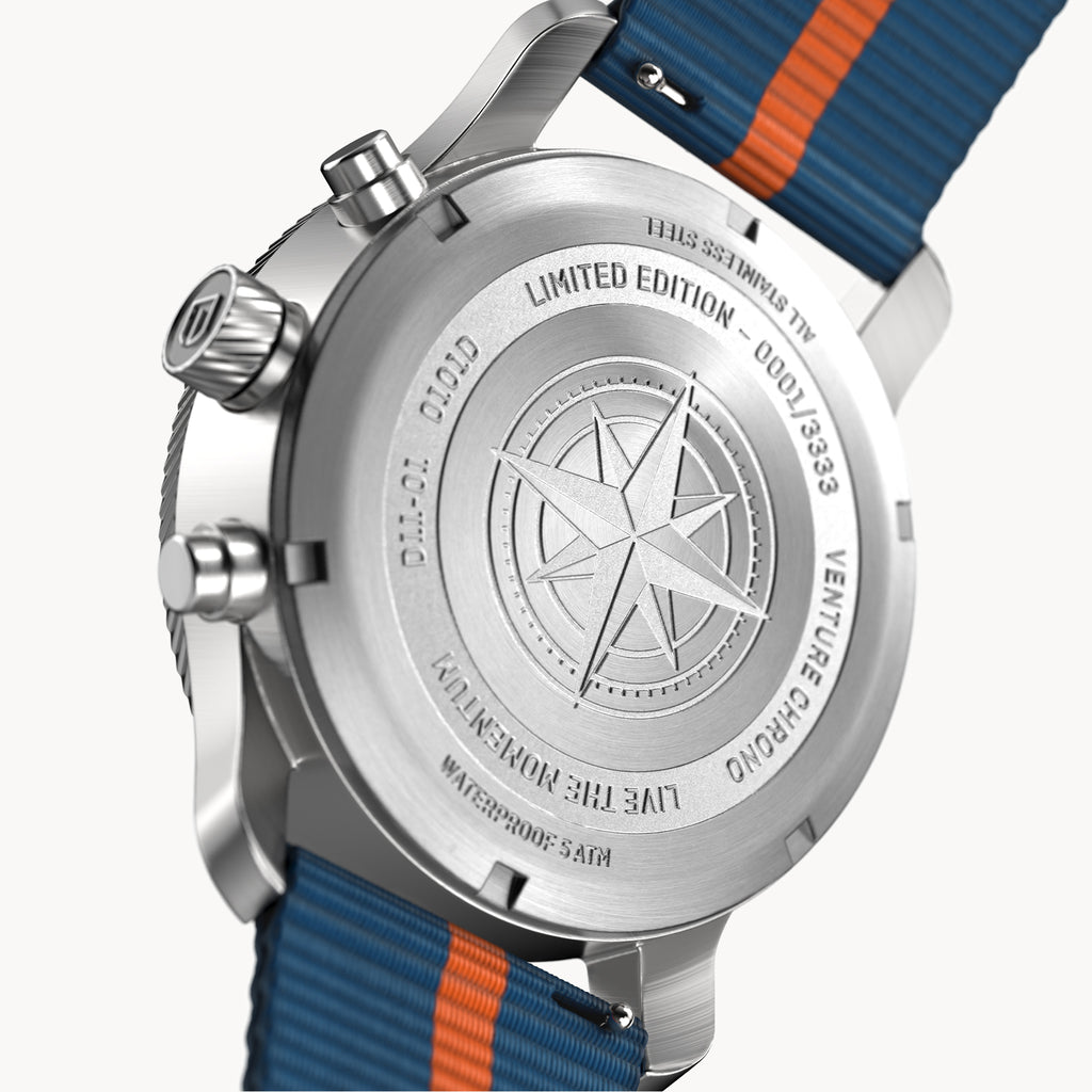 VENTURE CHRONOGRAPH LIMITED EDITION WHITE BLUE - Ocean Plastic Blue Orange Woven - Detomaso Watches