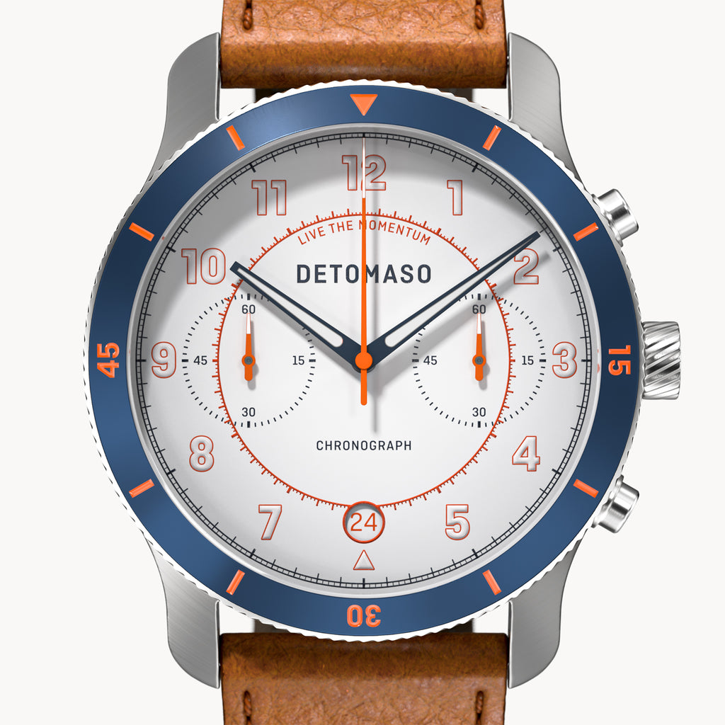 VENTURE CHRONOGRAPH LIMITED EDITION WHITE BLUE - Leather Brown Venere - Detomaso Watches
