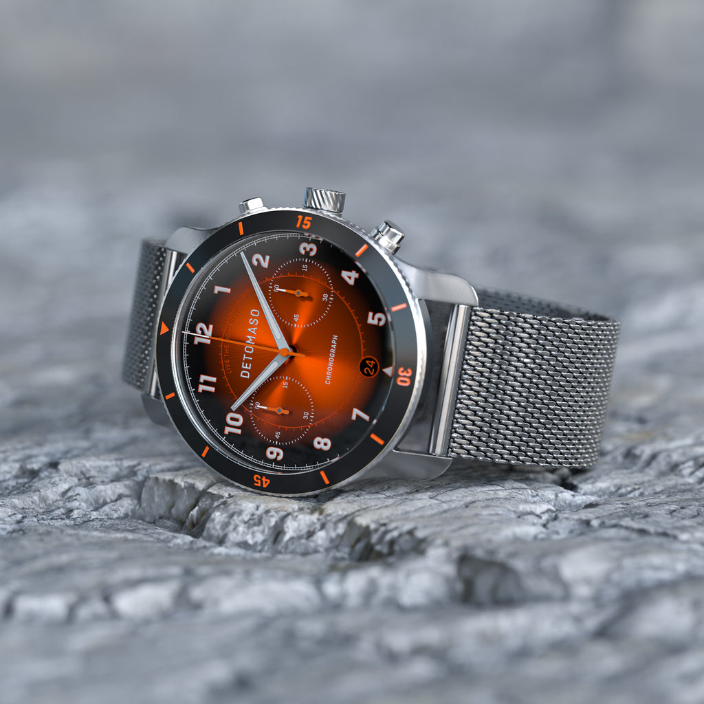 VENTURE CHRONOGRAPH LIMITED EDITION BLACK ORANGE - Mesh Silver Brushed - Detomaso Watches