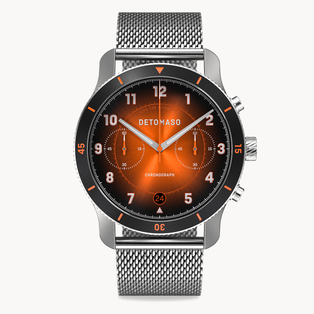 VENTURE CHRONOGRAPH LIMITED EDITION BLACK ORANGE - Mesh Silver Brushed - Detomaso Watches