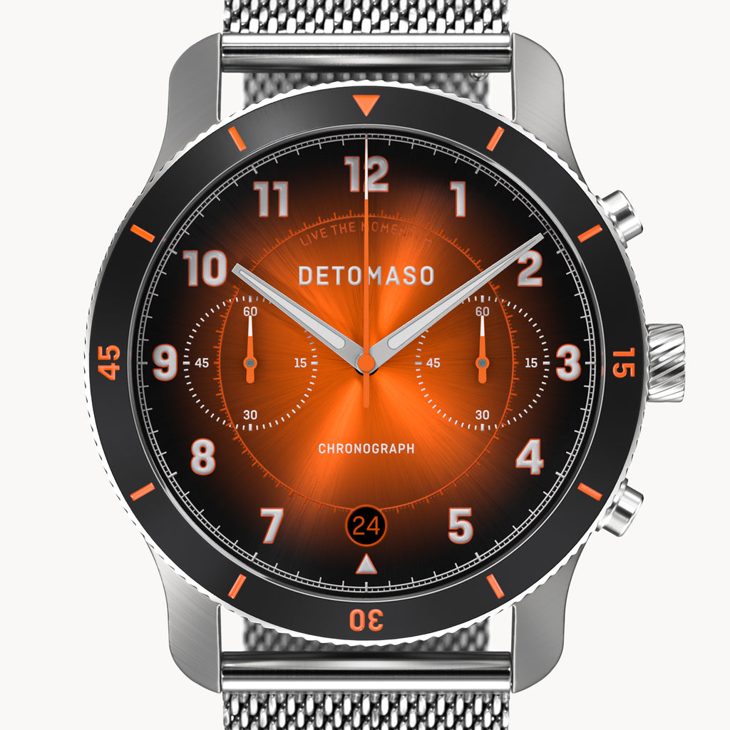 VENTURE CHRONOGRAPH LIMITED EDITION BLACK ORANGE - Mesh Silver Brushed - Detomaso Watches