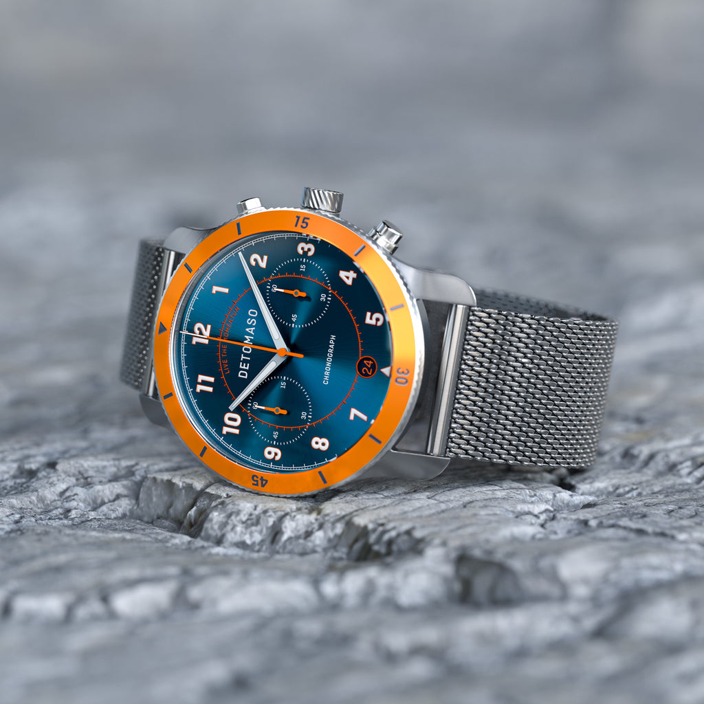 VENTURE CHRONOGRAPH LIMITED EDITION BLUE ORANGE - Mesh Silver Brushed - Detomaso Watches