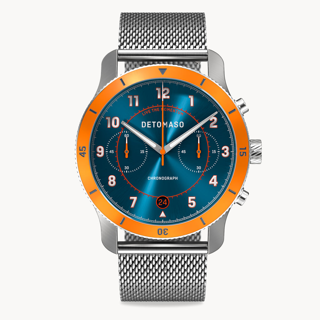 VENTURE CHRONOGRAPH LIMITED EDITION BLUE ORANGE - Mesh Silver Brushed - Detomaso Watches