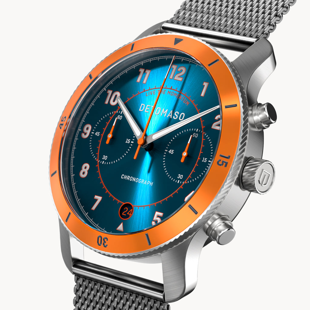 VENTURE CHRONOGRAPH LIMITED EDITION BLUE ORANGE - Mesh Silver Brushed - Detomaso Watches