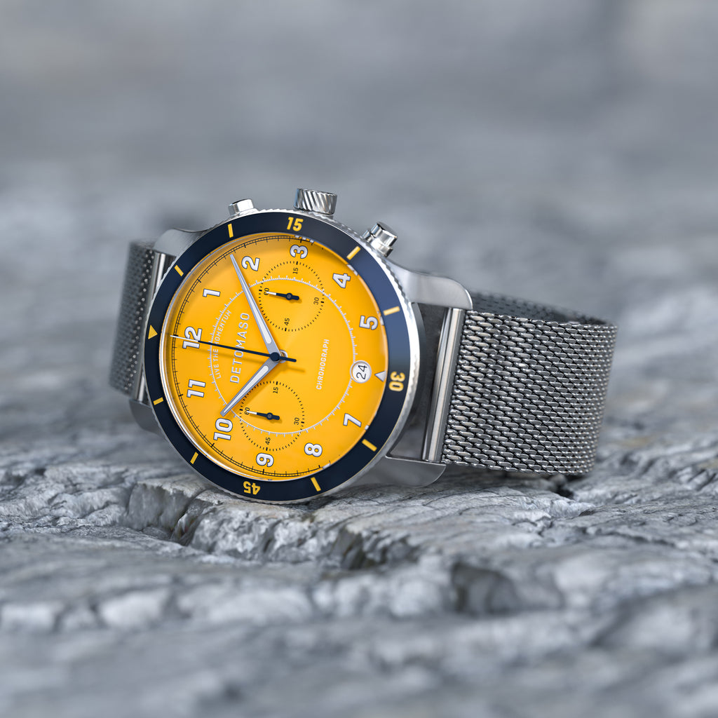 VENTURE CHRONOGRAPH LIMITED EDITION YELLOW BLUE - Mesh Silver Brushed - Detomaso Watches