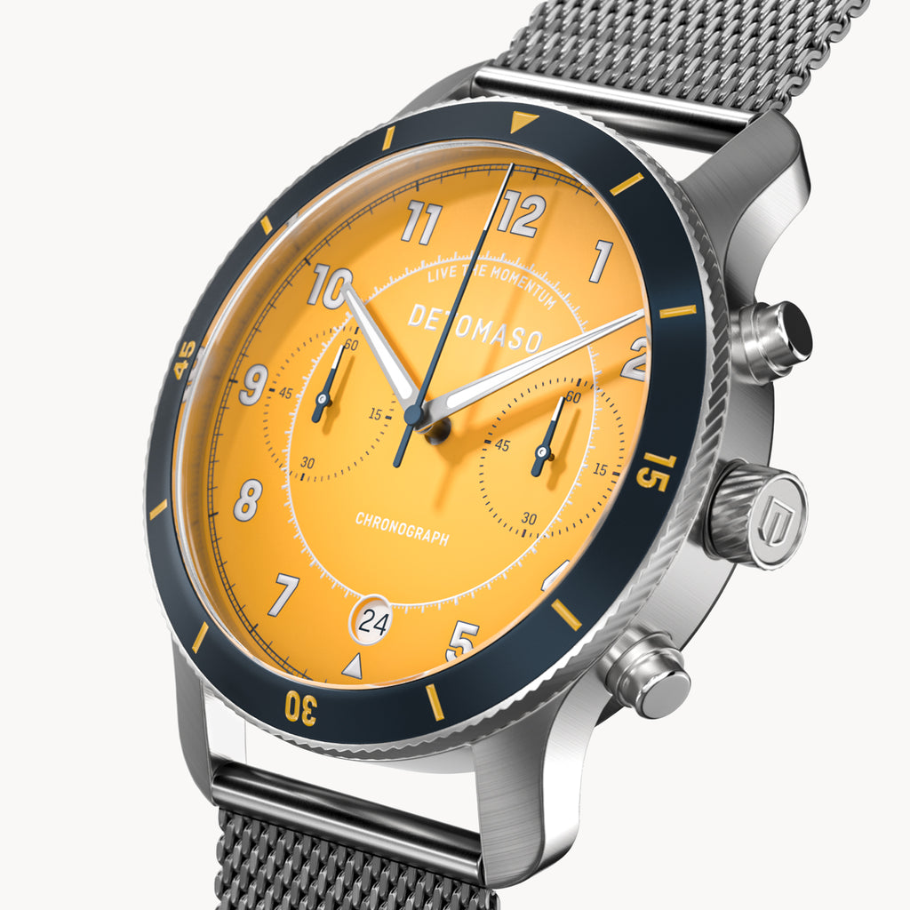 VENTURE CHRONOGRAPH LIMITED EDITION YELLOW BLUE - Mesh Silver Brushed - Detomaso Watches