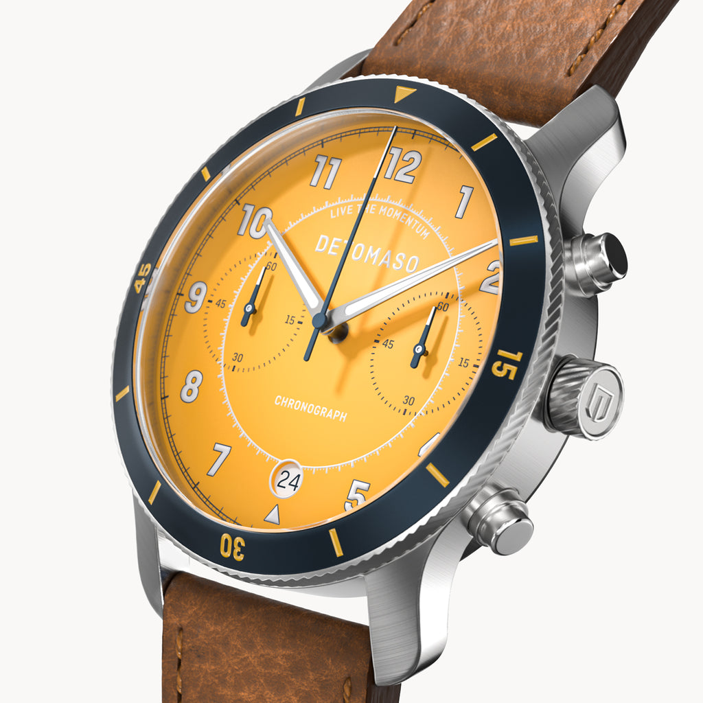 VENTURE CHRONOGRAPH LIMITED EDITION YELLOW BLUE - Leather Dark brown Venere - Detomaso Watches