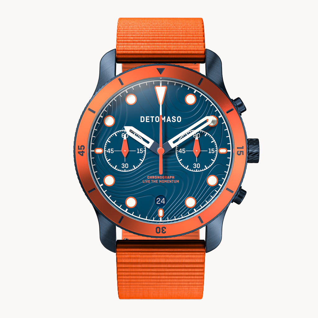 VENTURE CHRONOGRAPH 
TOPO BLUE - Ocean Plastic Orange Woven - Detomaso Watches