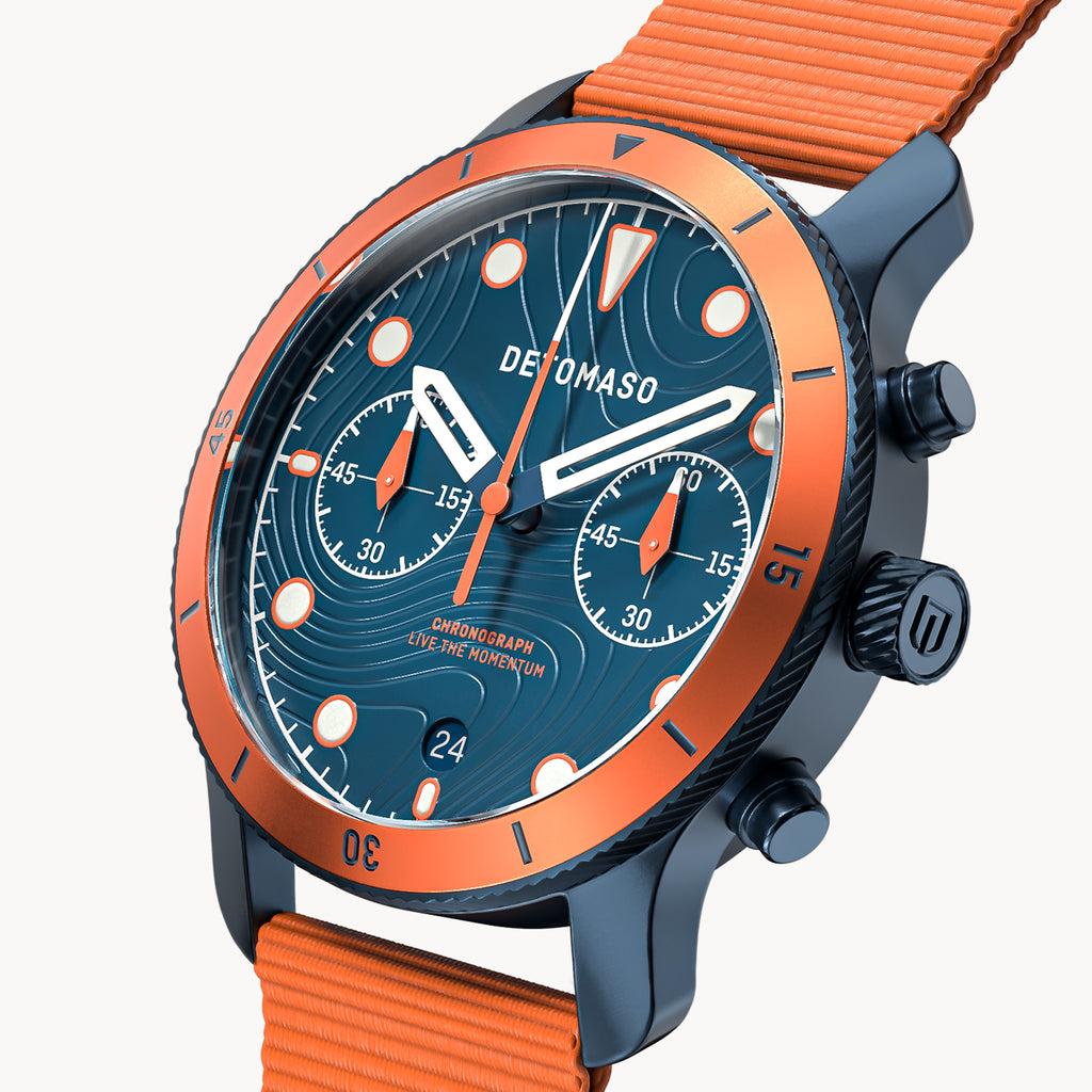 VENTURE CHRONOGRAPH 
TOPO BLUE - Ocean Plastic Orange Woven - Detomaso Watches